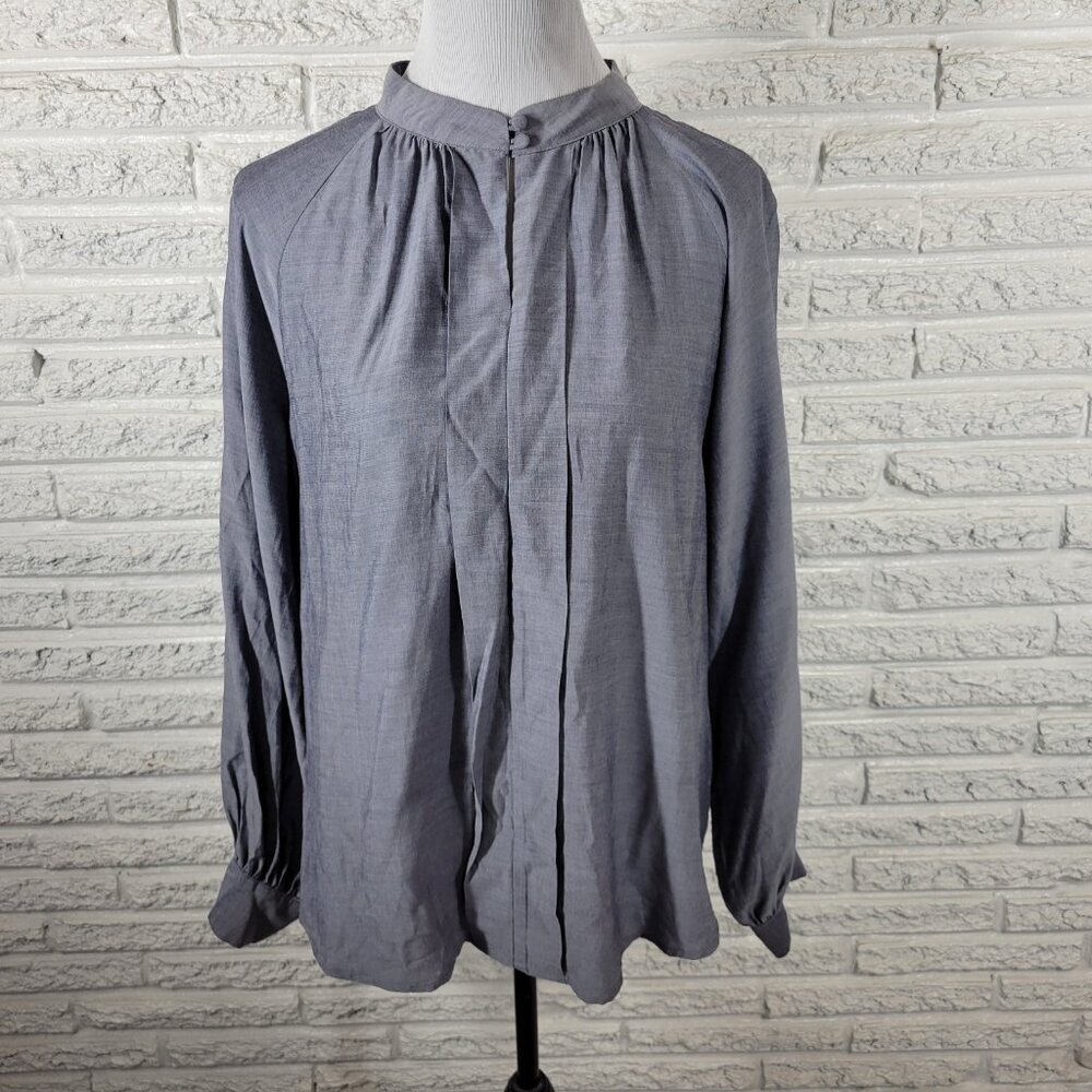 Liz Claiborne Womens Top XL Long Sleeve Gray Pleated Keyhole Lightweight GRA42E